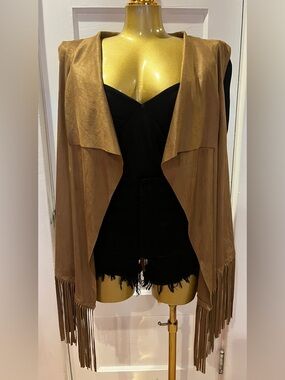 A.N.A Tan Faux Suede Fringe Vest - Boho Western Waterfall Draped Front - Size XL